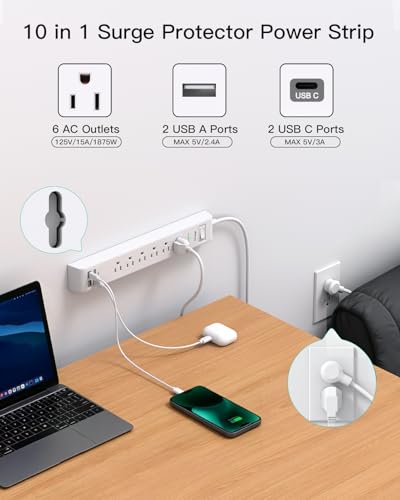 Image of 2 Pack Power Strip, Extension Cord 15FT, Surge Protector with 6 Outlets and 4 USB Ports (2 USB C), Flat Plug Overload Protection, Extension Cord with Multiple Outlets, Wall Mount for Home Dorm College