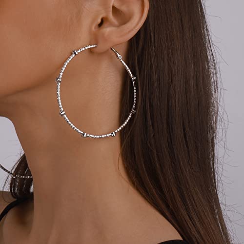 Jumwrit Big Rhinestone Hoop Earrings Large Round Circle Earrings Chain Dangle Earrings Sparkle Stud Earrings for Women（Silver）3