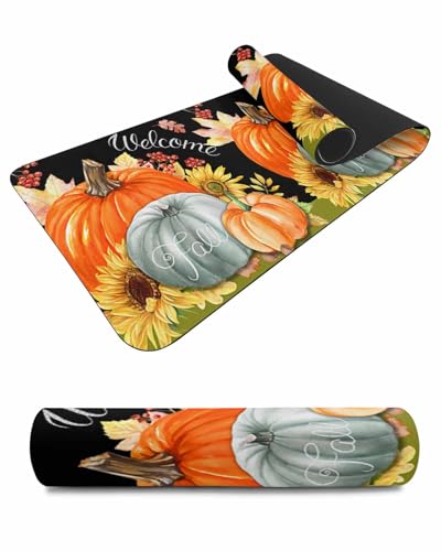 Debedcor Heat Proof Table Pads Waterproof Decorative, Hello Fall Non-Slip Table Countertop Protector, Autumn Pumpkin Sunflower Maple Black Insulation Mat for Dining Room, 48 x 12 Inches