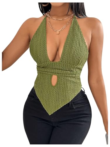 SOLY HUX Women's Deep V Neck Cut Out Halter Top Tie Backless Asymmetrical Hem Summer Tops Plain Green Medium