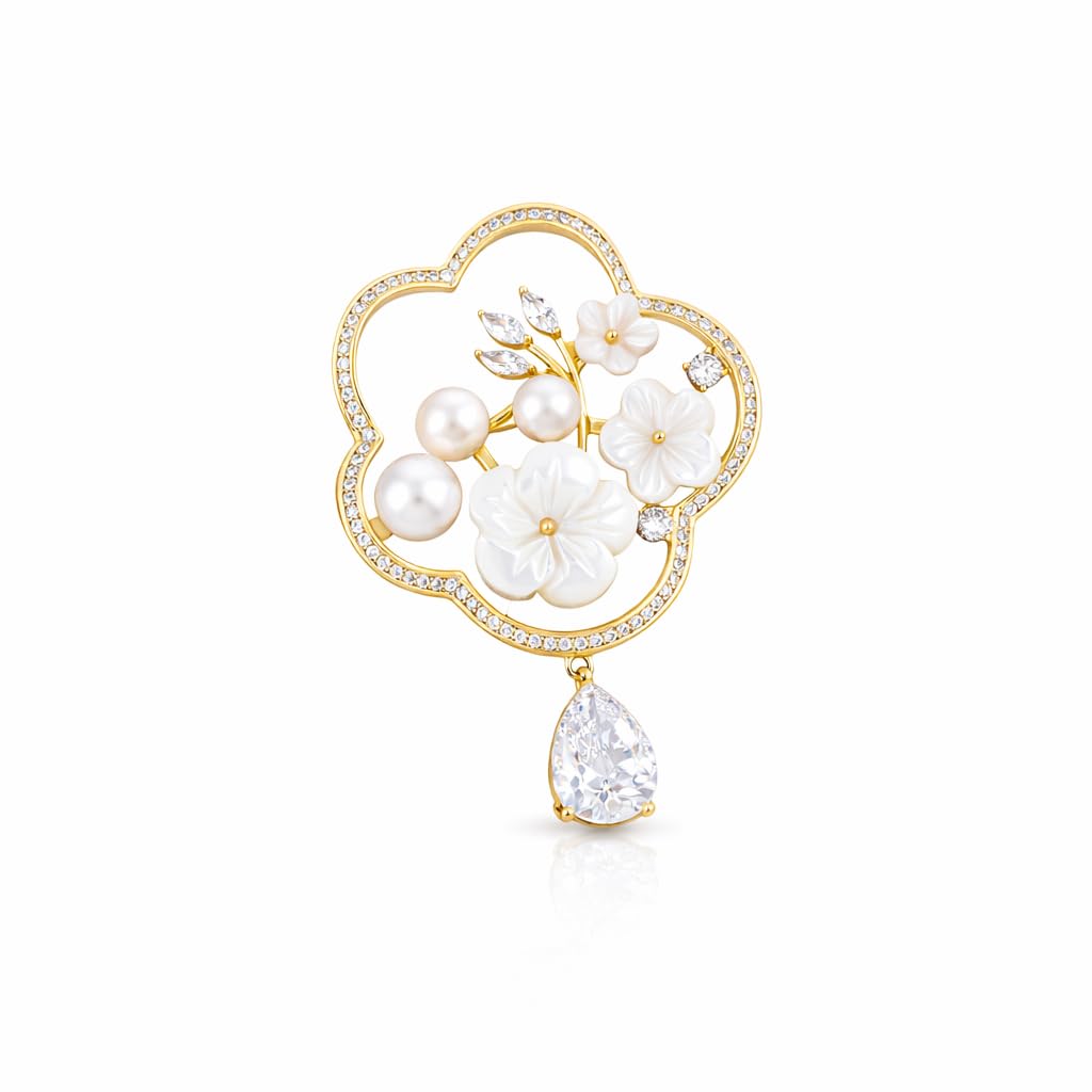 gc premium jewellery Designer Flower Brooch with Pearls Beads and Diamond Drop-picture-5