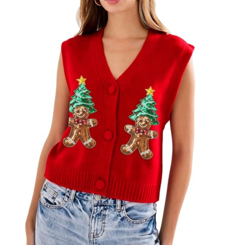 Image of Women Christmas Knit Vest Top Santa Embroidery Sleeveless Button Down Sweater Vest Xmas Snowman Cardigans Tank Top