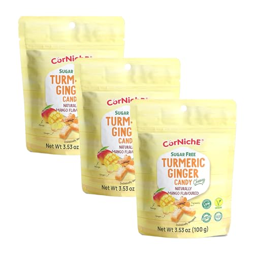 CORNICHE Sugar Free, Turmeric Ginger Candy Chewy Naturally Flavored, Ginger Sugar Free, Individually Wrapped Candy, NON-GMO, Low Calories, Vegan, Gluten Free (Pack of 3, Mango)