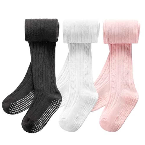 SPTRAMLE 3 Pack Baby Girls Tights, Non Slip Toddler Tights for Girls (4-6 years), Knit Cotton Pantyhose Black White Pink Grey Tight