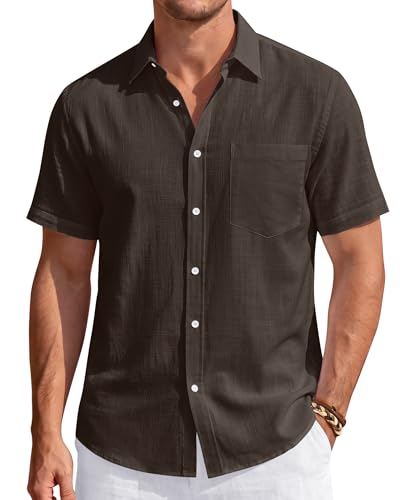 Image of J.VER Mens Linen Shirt Short Sleeve Button Down Casual Summer Shirts | Cotton Linen, Untucked, Big Tall, from Beach Camp Vacation, Cruise Fishing, Work Office, to Wedding Party Family, with Pocket