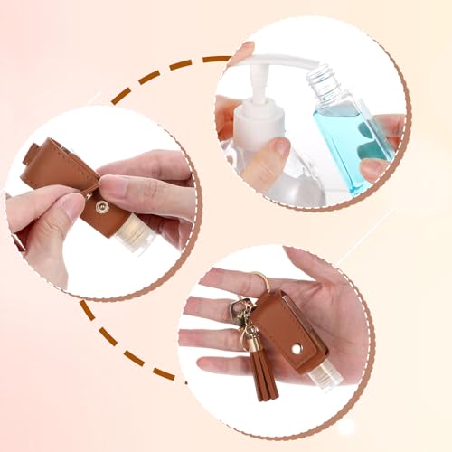 Grevosea 2Pcs Hand Sanitizer Holder, 30ml Portable Leather Hand Sanitizer Travel Size Keychain Empty Squeeze Bottles Refillable Container for Toiletry Lotion Liquid Soap Shampoo (Black+Brown)4