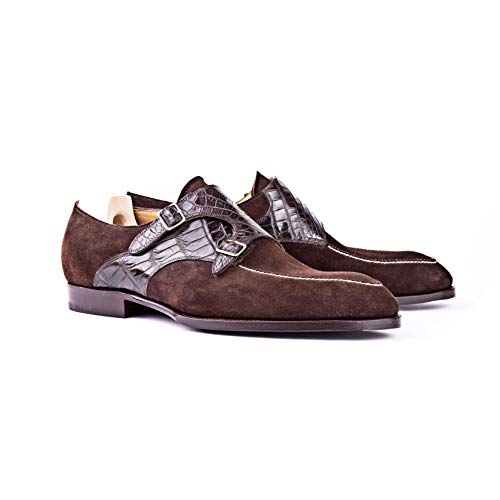 Costoso-Italiano-Goodyear-Welted-Eastbourne-Mens-Brown-Croc-Print-Leather-Suede-Formal-Slip-On-Buckle-Monk-Strap-Shoes-with-Violin-Leather-Sole