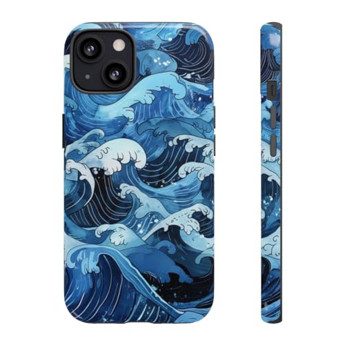 Coque rigide brillante premium iPhone 13 motif vagues de l'océan de style japonais