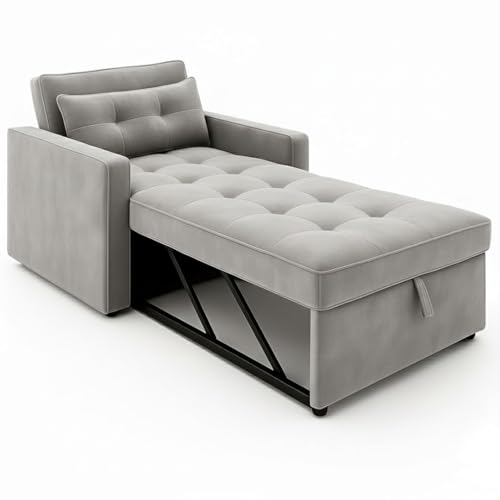 Image of FURNY Tressa 1 Seater Fabric Pull-Out Sofa Cum Bed (Light Grey) | Premium Velvet Finish | Durable Comfort | Ideal for Living Room