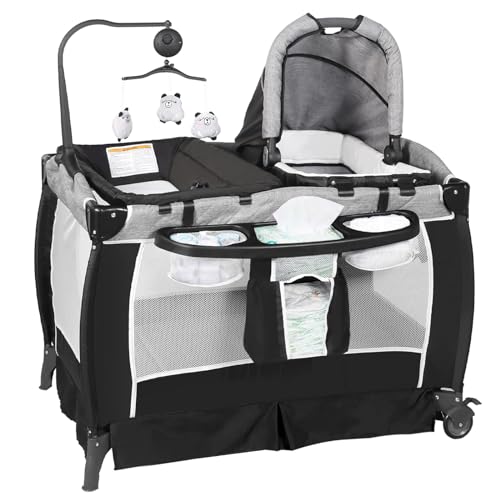 Image of Kinder King 5 in 1 Portable Nursery Center, Foldable Playard for Baby & Toddler, Infant Pack n Play w/Bassinet, Mattress, Newborn Changing Table, Cradle, Travel Bag, Music & Toys, Storage Basket