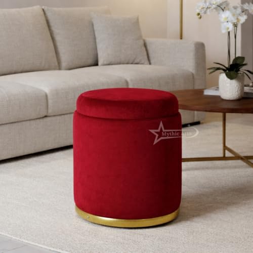 Image of Velvet Round Single Strip Ottoman Office Stool Foot Rest Stool Velvet Fabric Padded Seat Pouf Ottoman 16 X 16X 19 inch,in Round Shape for Living Room RED