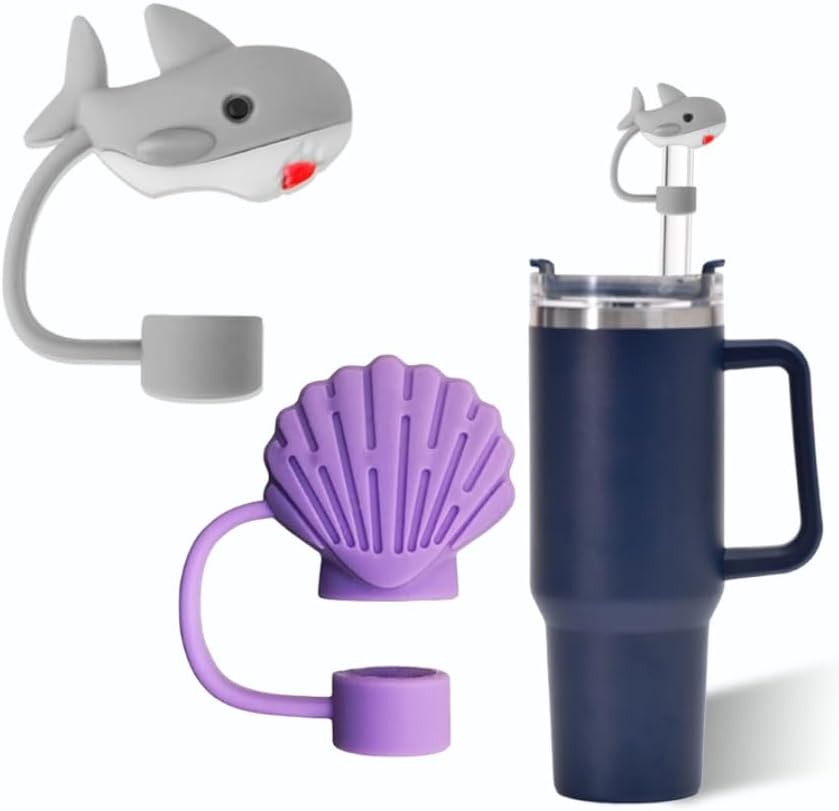 Sharks and shells Straw Cover for Stanley 40&30 Oz Cup, 10mm Silicone Straw Covers Cap for Stanley Cup Accessories, Cute Topper for Tumblers, Cap Stopper for Reusable Straws