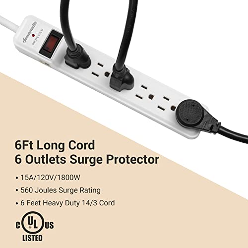 DEWENWILS 2-Pack Power Strip Surge Protector, 6Ft Long Extension Cord with Protected Indicator Light, Low Profile Flat Plug Power Bar, 15 Amp Circuit Breaker, 560 Joules, Wall Mount, White, UL Listed