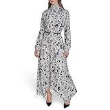 HALSTON H Women's Long Bishop Sleeve Mock Neck Dress, CRM Multi, 8