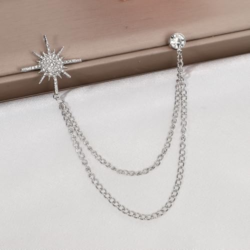Image of Rhinestone Star Lapel Chain for Men Suits, Crystal Snowflake Brooch Pin for Women, Hanging Collar Chain for Party Ceremony Banquet
