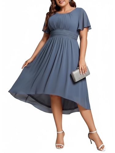 Image of Ever-Pretty Women's Plus Size Formal Wedding Guest Dresses for Curvy Women A Line Chiffon Midi High Low Cocktail Dress