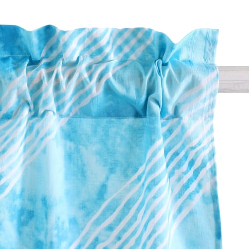 Image of Ravaiyaa - Attitude is everything Hand Printed Half Window Kitchen Curtain 100% Cotton Short Drapery Valance Curtain 40 inch X 18 inch Inch (Blue Tie Dye Stripe)