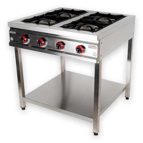 Romux® Cocina Industrial a Gas 4 Fuegos de 80x50 cm con Mueble de Acero Inox con Regulador de Fuego y Termopar | Hornillo de Gas Butano para Bares y Restaurantes