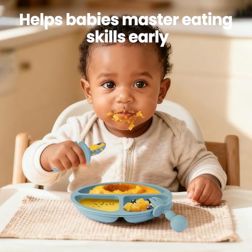 Image of Eascrozn 2 Pack Baby Plates with Suction, 2 Pack Silicone Forks and Spoons Set, Baby Led Weaning Supplies, BPA Free, Toddler Utensils for Feeding Essentials