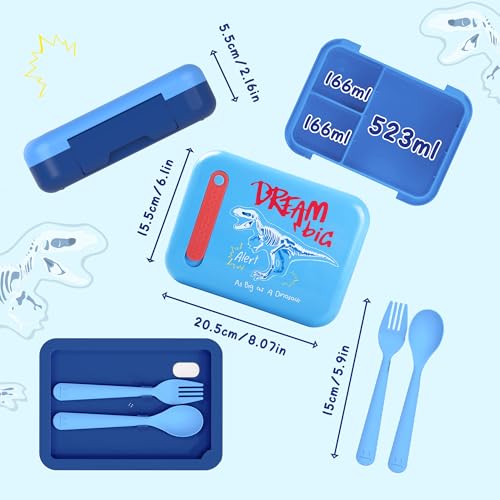 Image of Kids Bento Lunch Box for Boys & Girls - 4-Compartment Leak-Proof Lunch Container with Hidden Silicone Handle, Lightweight, BPA-Free, 855ml for School & Travel (Dinosaur)