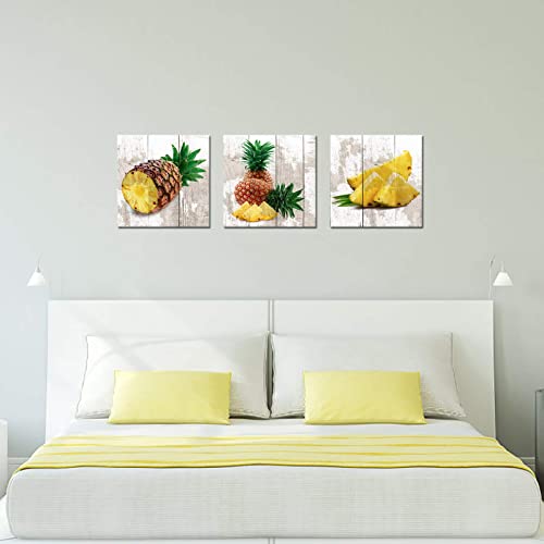 Skenoart 3 Piece Kitchen Fruit Canvas Wall Art For Hawaii Yellow Pineapple Painting Vintage Kitchen Picture Home Artwork Retro Wall Decor For Dining Room Bathroom Bedroom Home Decoration 12"X12"X3Pcs #TOP4