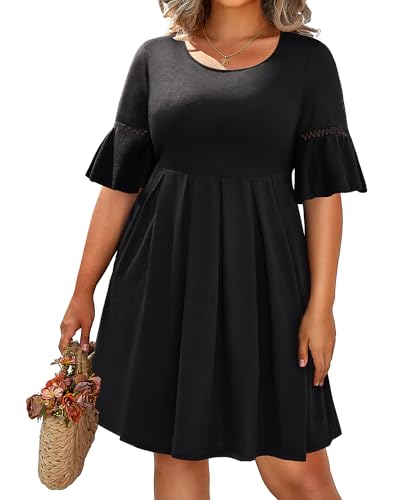 Pinup Fashion Plus Size Black Dresses for Women Summer Casual Ruffle Bell  Sleeve Knit Swing Tunic Babydoll Beach Sundress with Pockets at Amazon  Women's Clothing store