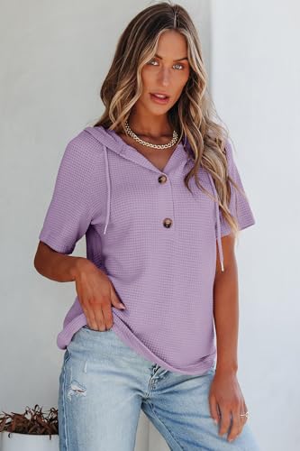 Image of Dokotoo Womens Summer Tops Waffle Knit Short Sleeve Lightweight Drawstring Hoodies Button V Neck Casual Blouses Shirts