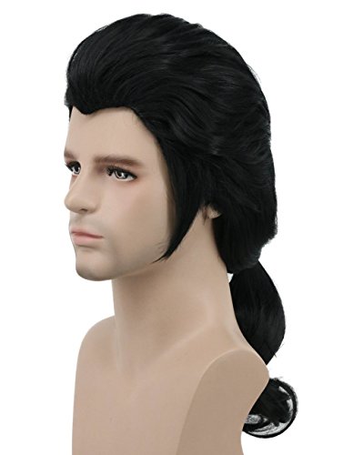 karlery Men Long Wave Black Wig Gaston Colonial Wig Halloween Costume Cosplay Wig