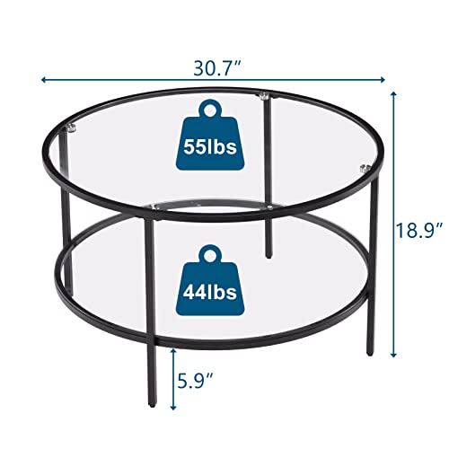 Image of VINGLI Glass Coffee Table,30 inch Round Coffee Table Black Coffee Tables for Living Room, 2-Tier Clear Glass Top Side Table with Storage. Simple & Modern Center Table Mesa de Centro para Sala