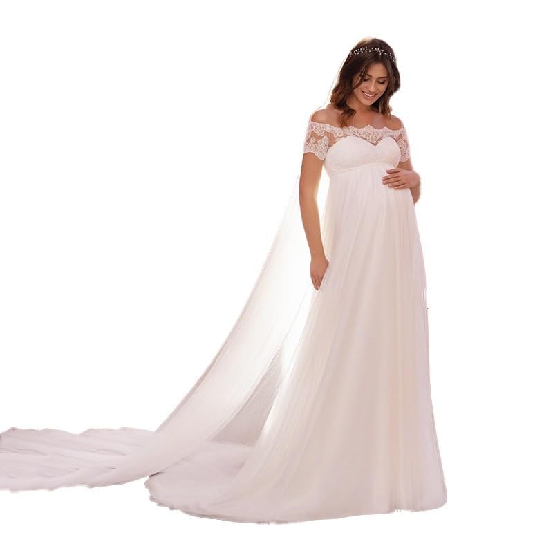 HAIBFJIN Robe de mariée de maternité ligne A en mousseline de soie longue avec dentelle pour baby...