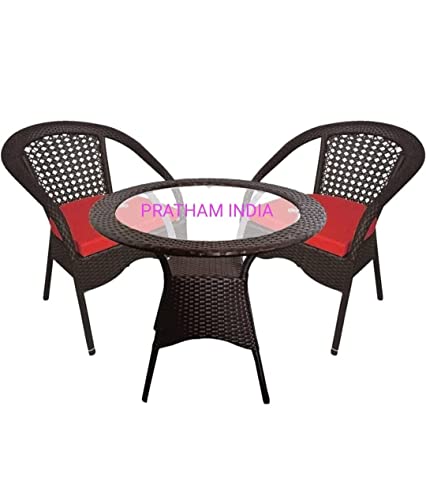 Image of India 2+1 Outdoor Indoor Patio Furniture Set - Rattan Chair Conversation Set for Poolside, Lawn, Swingarea, Balcony, Garden (Brown & Red)