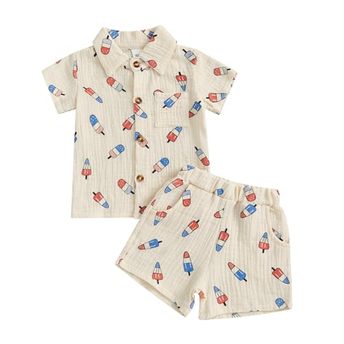 KtwHarnu 4th of July Toddler Baby Boy Outfit Popsicle Short Sleeve Cotton Linen Button Down Shirt Shorts Set Patriotic Outfit(Khaki 2-3 Years)