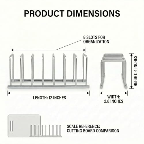Image of Kitchen Organizer Metal Dish Rack Cutting Board Holder Stand for Countertop or Inside Cabinet Organization, 8 Slot Cutting Board Plate Drying Rack for Bakeware Storage SLIVER
