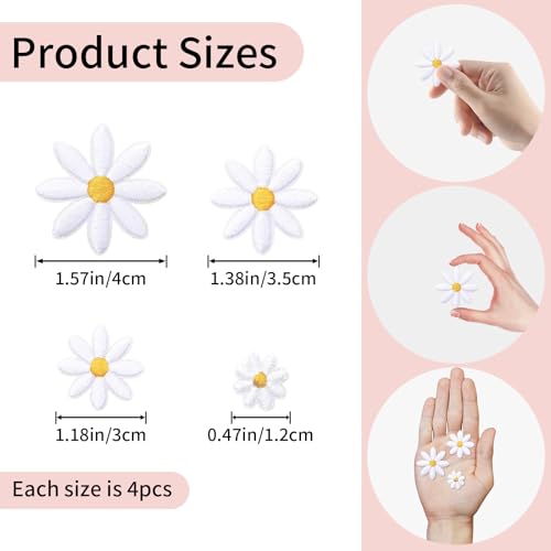 16 Pcs Iron on Patches for Clothes Ideal for Clothes,Jeans,Hats,Backpack,4 Sizes Cute Daisy Flower Applique Patch White,Sew On Embroidered Applique Sewing Patches for Bags