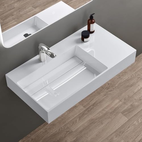 doporro Lavabo Bagno Sospeso Lavabo da Appoggio Rettangolare in Marmo Resina Bianco Lucido, Vasca a Sinistra 90x48x13 cm con 1 Foro Rubinetto e Piletta Scarico, Colossum12
