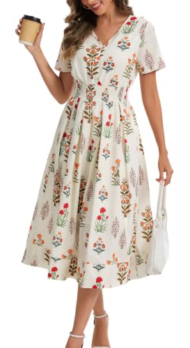 Image of Kormei Women Casual Boho V Neck 3 /4 Sleeve Smocked Waist A Line Flowy Swing Midi Dress Smocked Long Dress