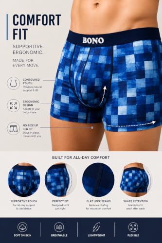 Image of BONO Men Cotton Blend Printed Trunk Combo Anti-Bacterial Moisture Wicking No Marks Stretchable Regular Fit Waistband Underwear Pack of 3 (Darkblue-Multicolor-TurquiseBlue-M)