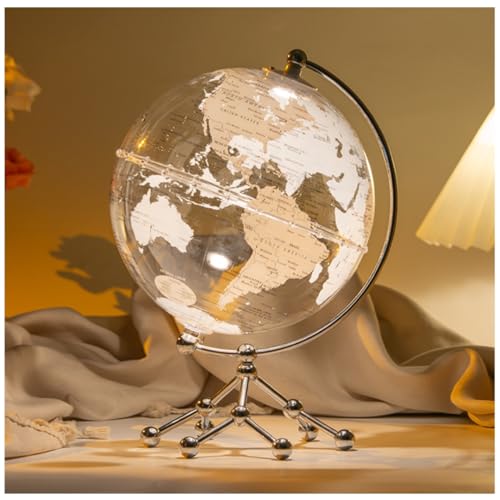 Mappamondo con Luce Touch Light - Globo da 20 CM Trasparente Base in Metallo – Lampada da Tavolo Decorativa per Casa, Ufficio, Scuola – Rotazione 360° – Idea Educativa Bambini (Bianco - Luce Calda)