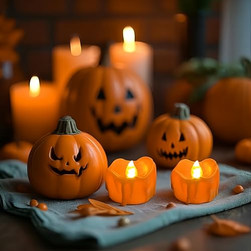 Image of 12 Pcs Orange Melting Tea Light Candles Battery Operated with Timer | Warm White Flickering Tealight, Battery Includes Last for 100+ Hours, for Thanksgiving Fall Autumn
