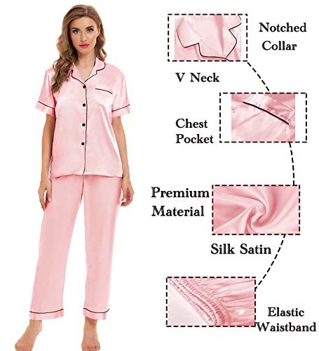 Image of SWOMOG Womens Silk Satin Pajamas Sets 4pcs Sleepwear Sexy Cami Shorts Set and Button Down Short Sleeve Pjs Loungewear Sakura Pink X-Small