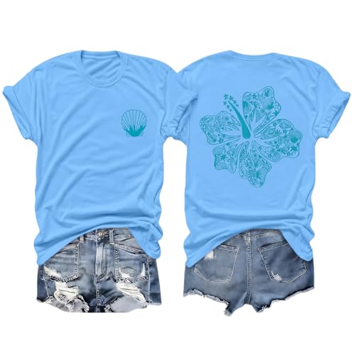 Image of Hawaiian T Shirts for Women Oversized Aesthetic Hibiscus Flower Beach Shirt Teens Preppy Tropical Graphic Tee Tops
