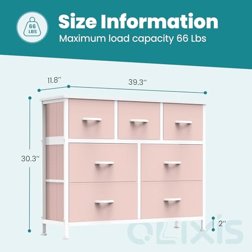 Image of OLIXIS 7 Drawers Dresser for Bedroom, Fabric Storage Tower for Living Room, Entryway - Sturdy Steel Frame, Wooden Top and Easy Pull Fabric Bins, Closet Chests Organizer for Clothes,Pink