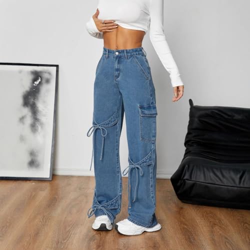 LAFOURAM Bow Jeans for Women High Waisted Straight Leg Baggy Y2K Cute Bow Tie Cargo Deim Pants4