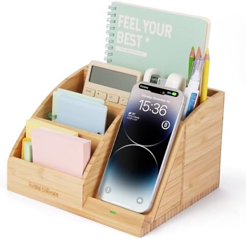 Bamboo Pen Holder for Desk & Nightstand Organizer with Fast Wirel...