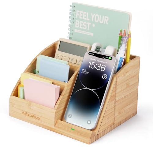 Bamboo Pen Holder for Desk & Nightstand Organizer with Fast Wireless Charging for iPhone, Samsung...