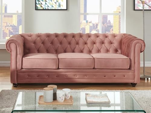 Image of Modern and Stylish 3 Seater Chesterfield Luxury Sofa with Valvet and Fabric Comfortable Sofa for Living Room, Dining Room, Hallway, and Office-(Pink).