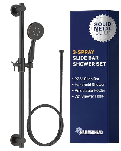 HammerHead Showers Solid Metal 27.5 Inch Shower Slide Bar with 3-Spray Handheld Shower Head with Long Hose and Holder, 2.5 GPM High Pressure Shower Head, Oil Rubbed Bronze