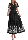 PRETTYGARDEN Women's Summer Boho Maxi Dress 2026 Spring Floral Short Sleeve V Neck A Line Flowy Beach Wedding Guest Dresses (Black,Medium)
