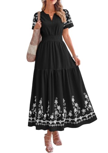 PRETTYGARDEN Womens Summer V Neck Floral Boho Maxi Dress, Black,M