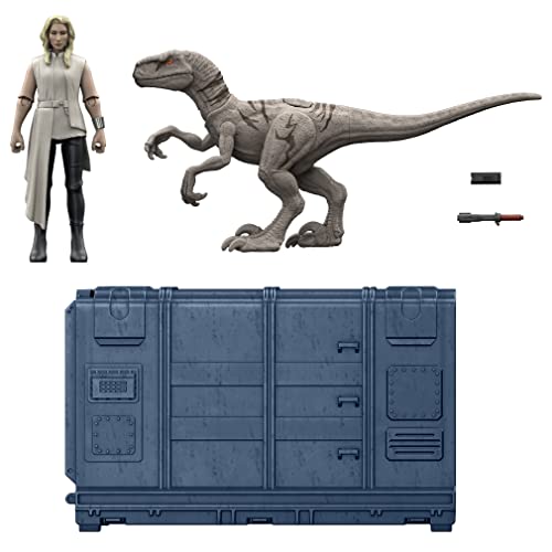 Jurassic World - Caja de Jaula y Dinosaurio (9,5 cm) con 1 Figura Exclusiva Soyona, 1 Figura Atrociraptor y Unidad Especial, Juguete Infantil, a Partir de 4 años, HFG63